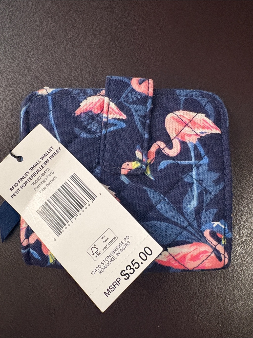 Vera Bradley Navy Quilted Wallet with Pink Flamingo Print